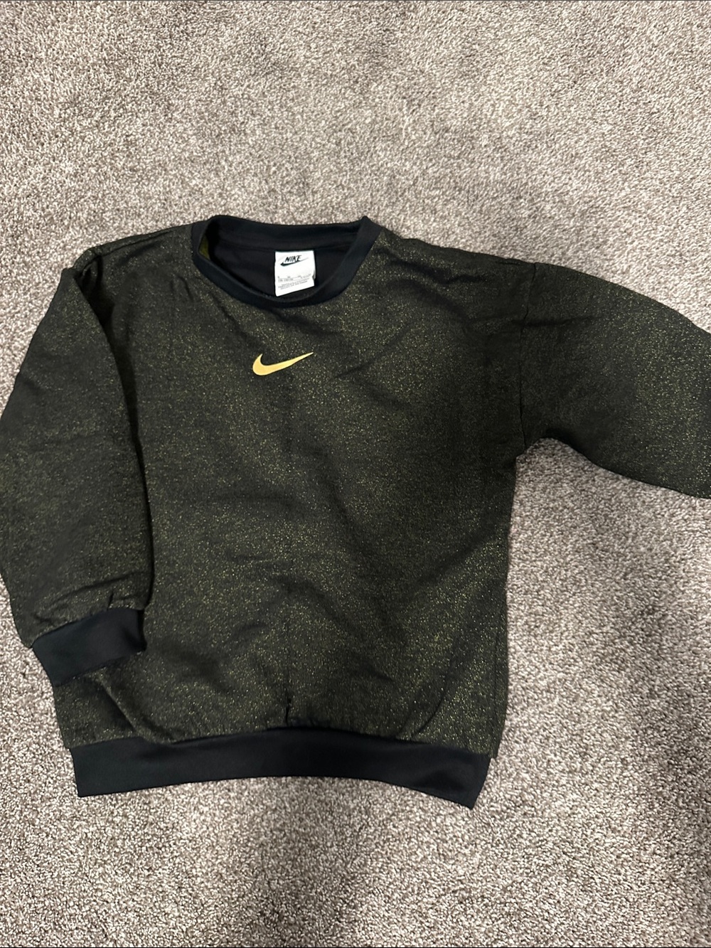 Nike Kids Black Crewneck Sweatshirt with Gold Sparkle Swoosh
